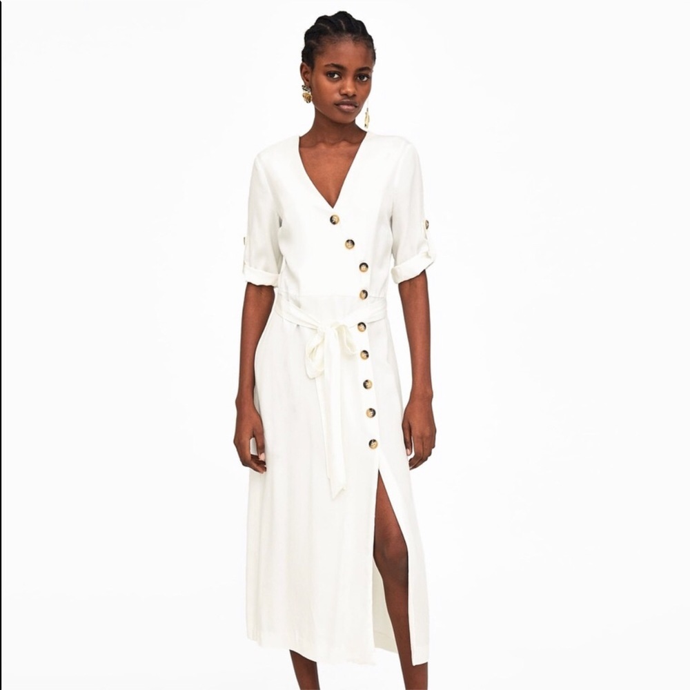Zara white side button-up linen dress